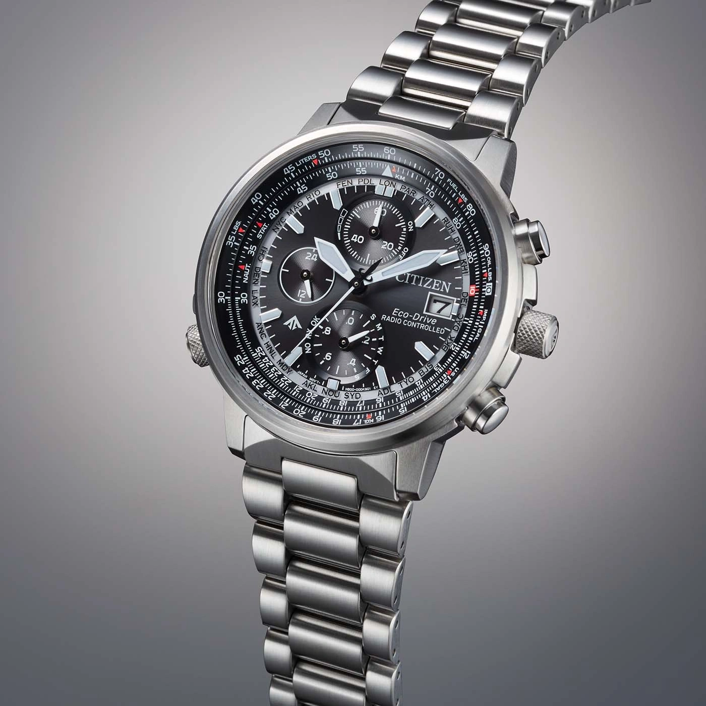 Citizen watch with a black face and silver band, Eco-Drive, radio controlled.