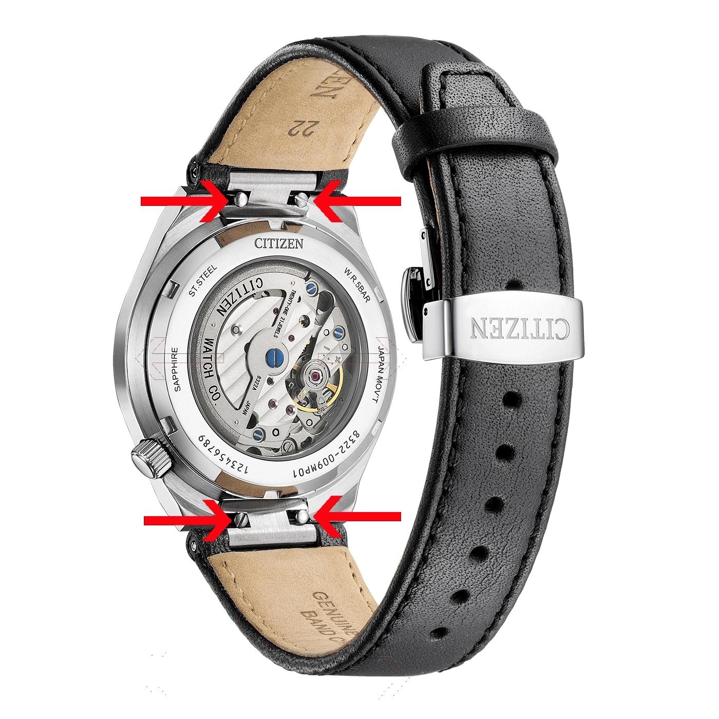 Citizen watch back with strap attachment points and brand details.