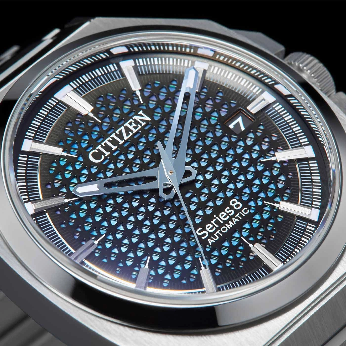 Close-up of a Citizen Series 8 automatic watch with a detailed dial.