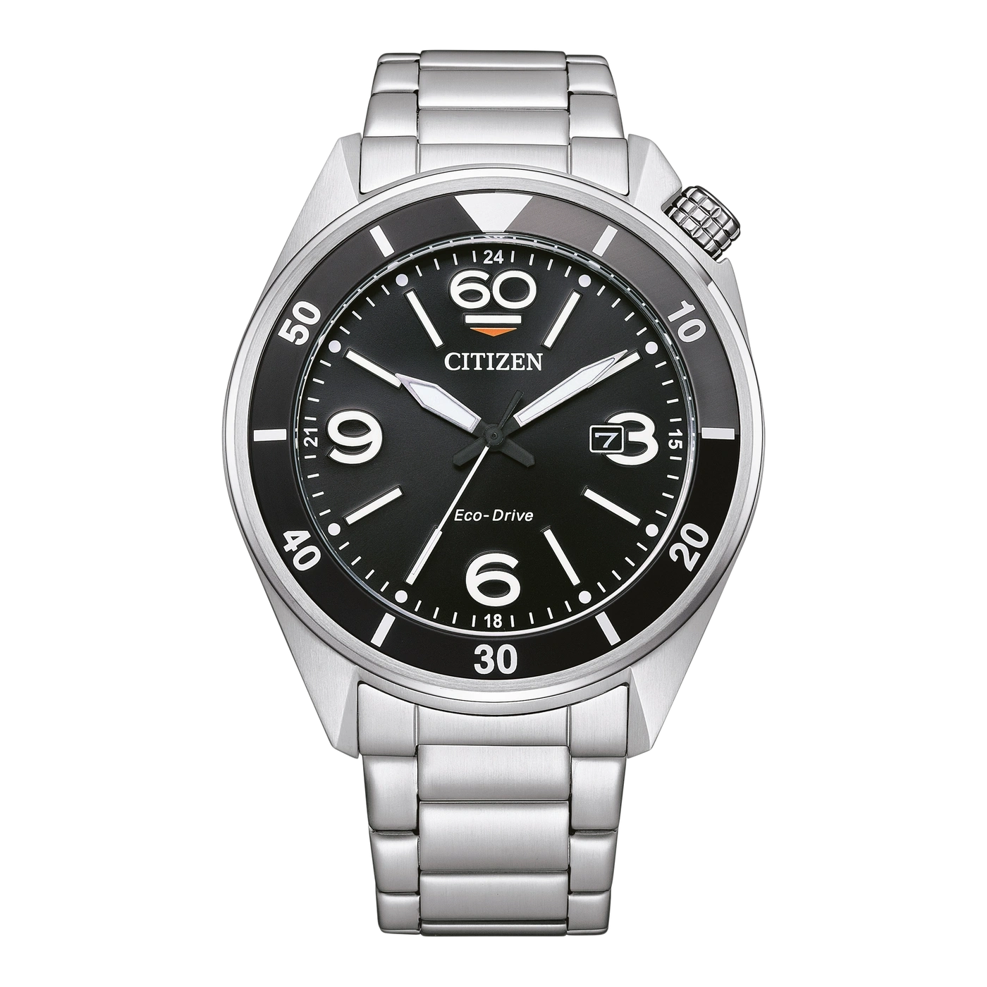Citizen Eco-Drive watch with black dial and silver bracelet, showing time.