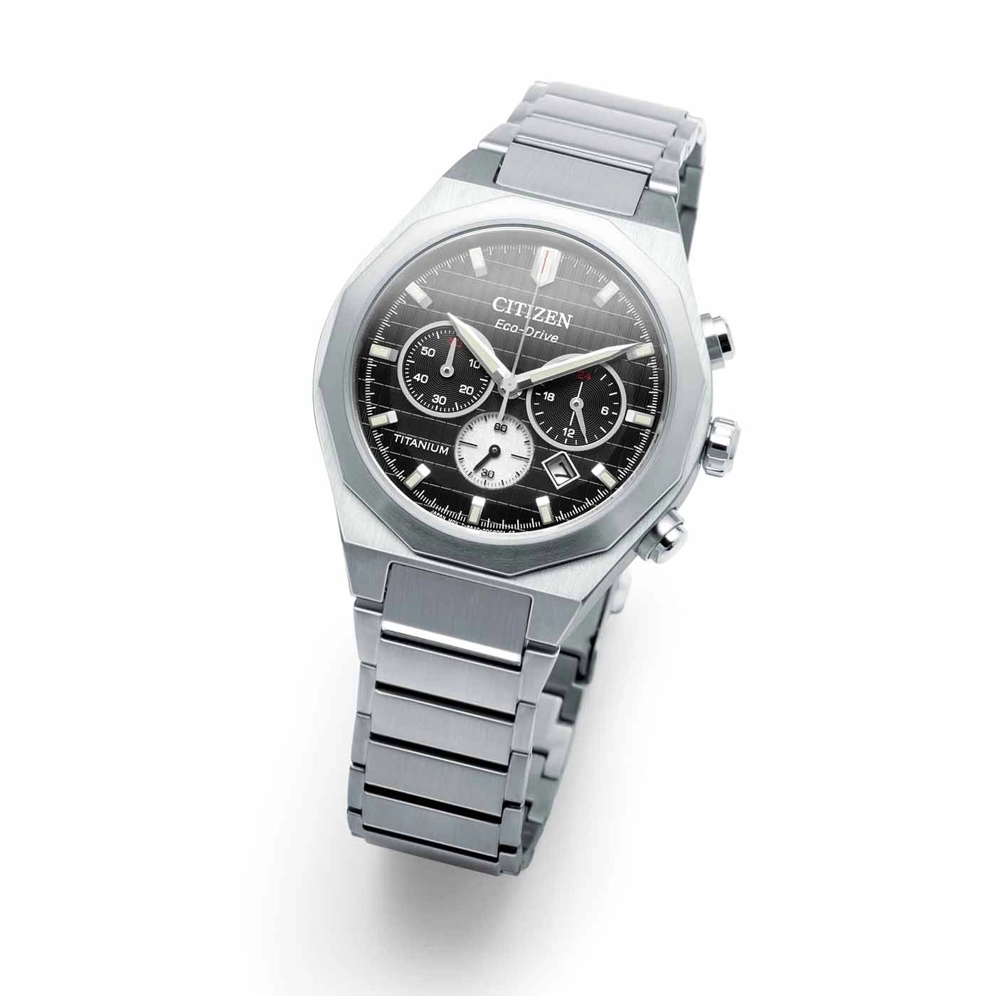 Citizen Eco-Drive titanium watch with black dial and chronograph features