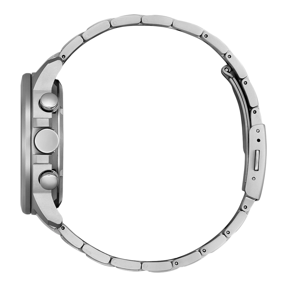 Side view of a silver wristwatch with a metal band and buttons.
