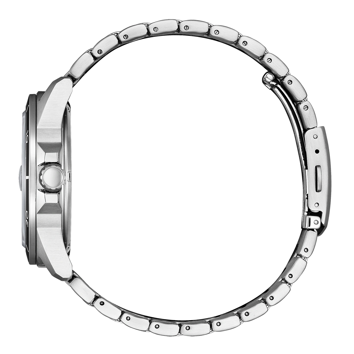 Silver watch with a metal strap, side view, isolated on white background.