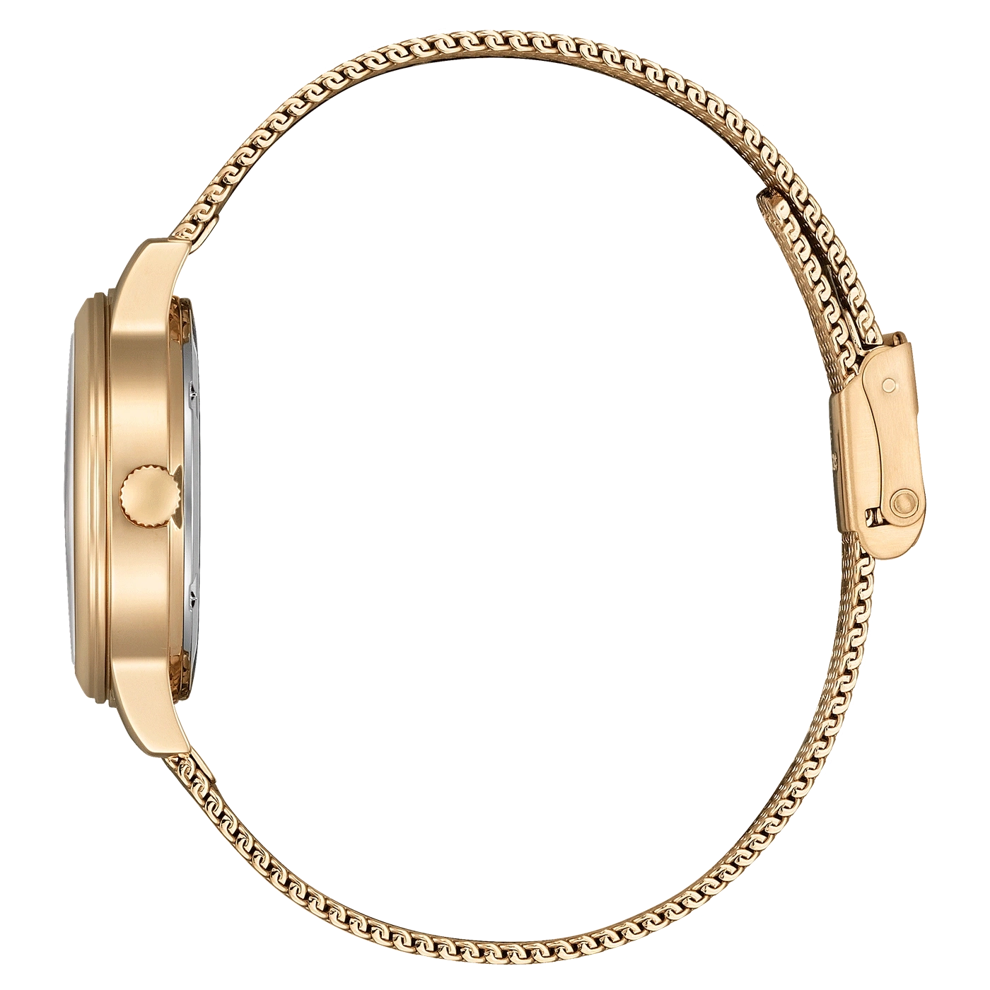 Gold watch with a mesh band, side view, elegant and stylish.