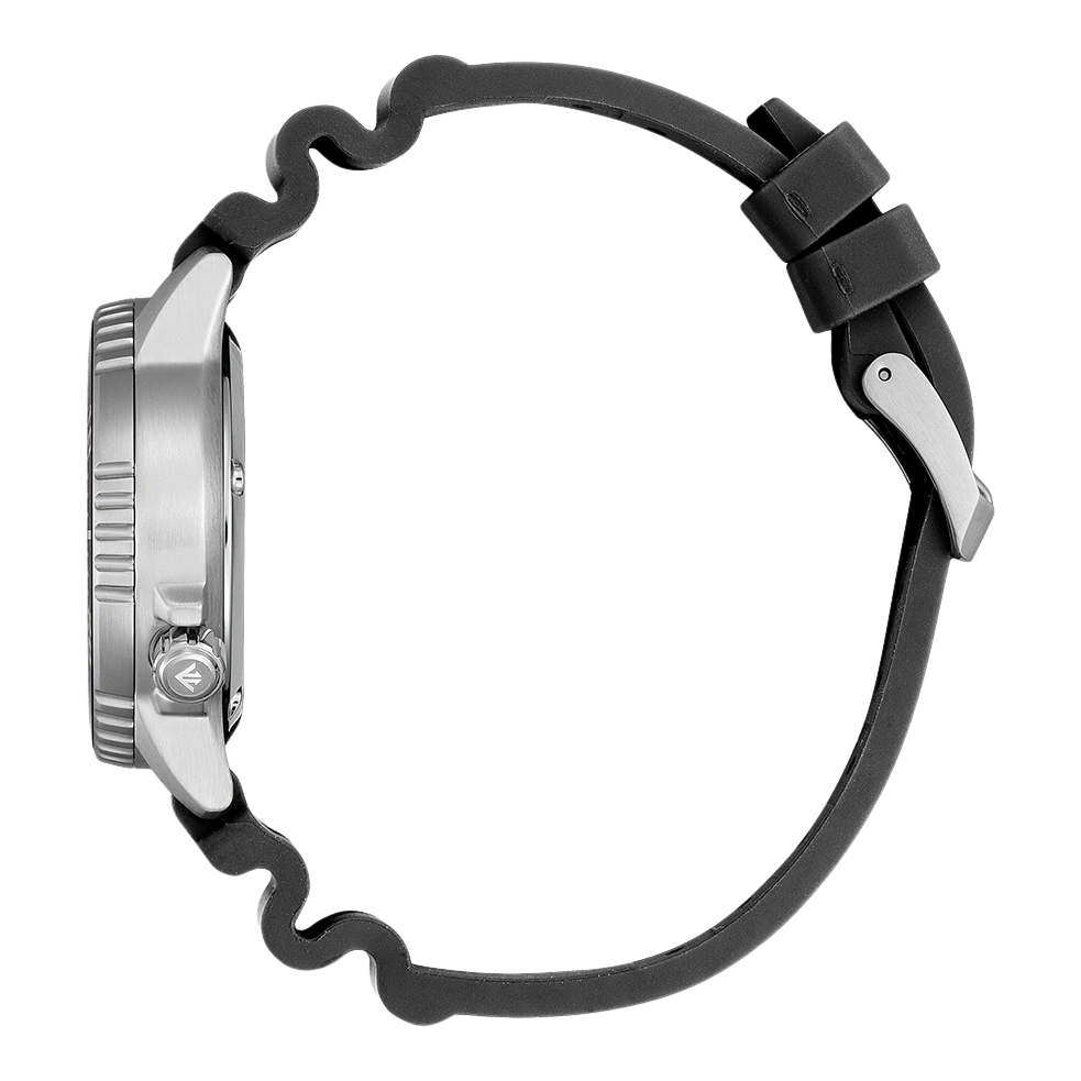 Side view of a silver watch with a black rubber strap.