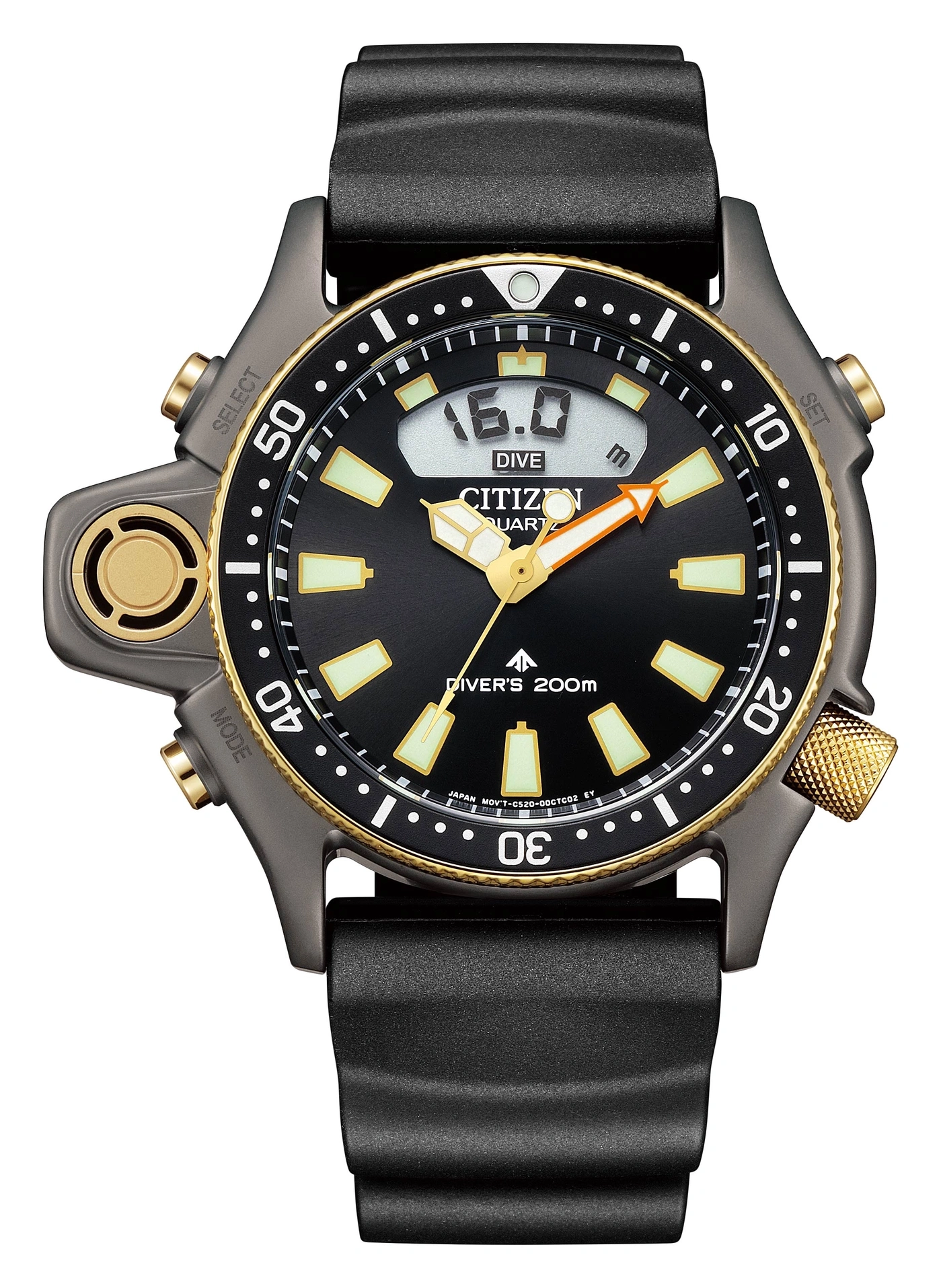 Citizen watch with black face, gold accents, and digital display, black strap