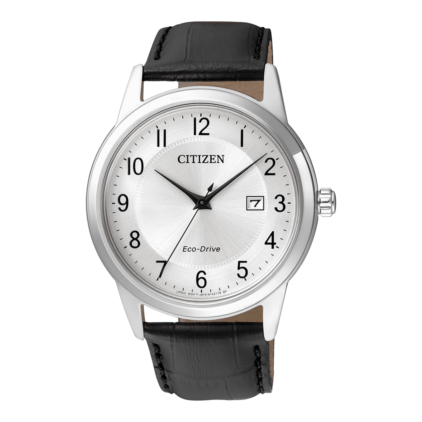 Citizen watch with a silver face, black leather strap, and date display.