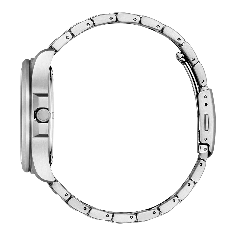 Silver watch with a metal strap, side view, isolated on white background.
