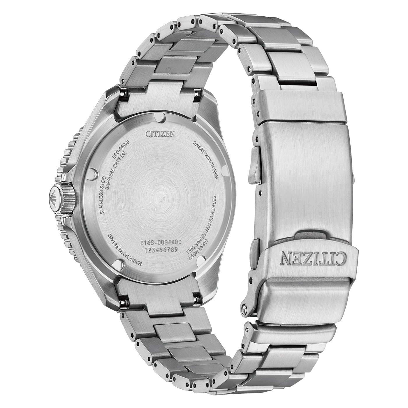 Back view of a stainless steel Citizen Eco-Drive diver's watch.