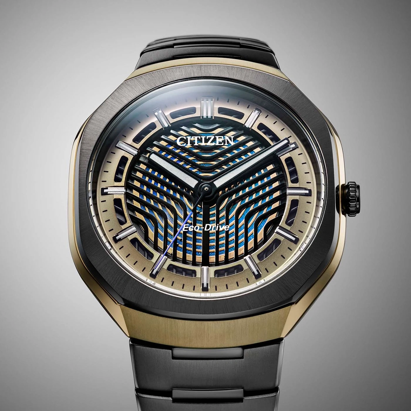 A close-up studio shot of a modern Citizen Eco-Drive watch.