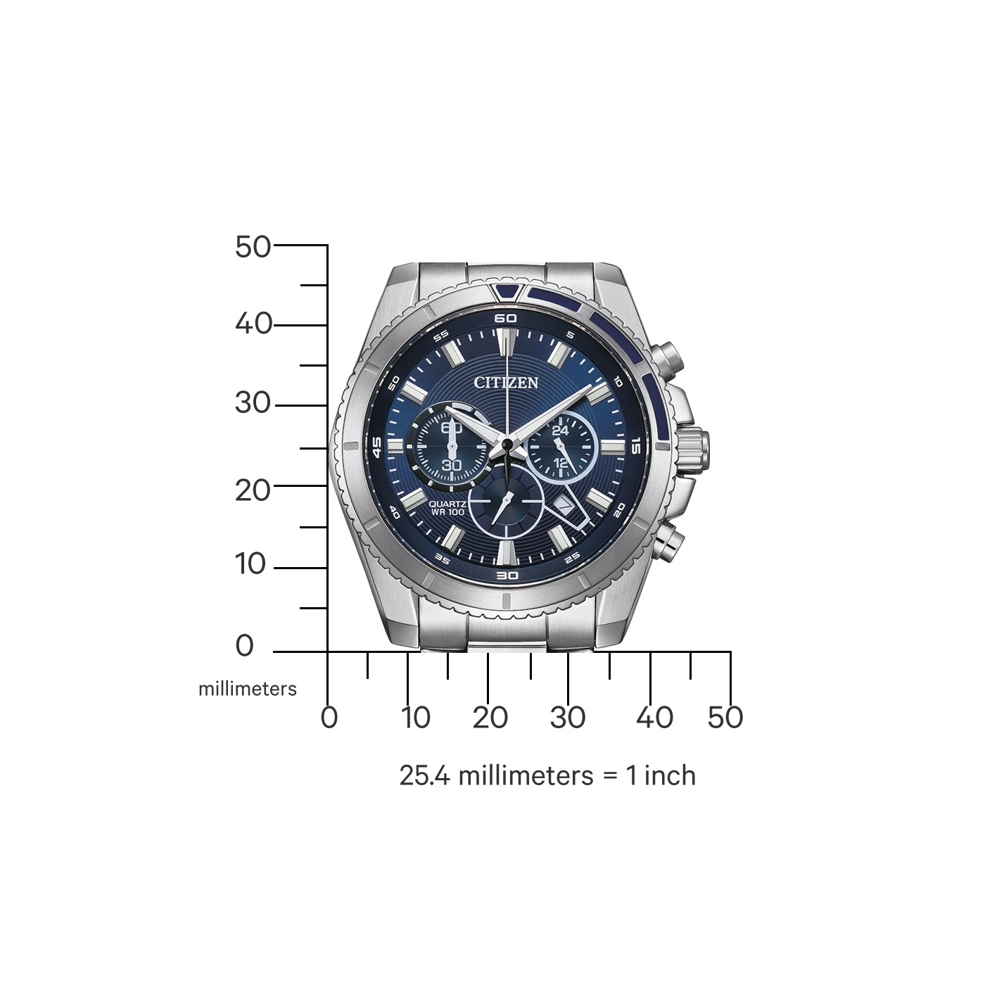 Citizen watch with blue dial and silver case, measuring millimeters.