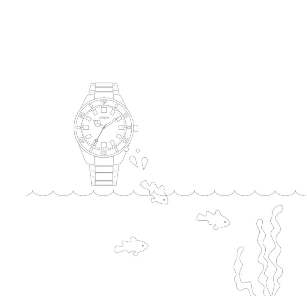Watch diving into water with fish and seaweed, Citizen brand.