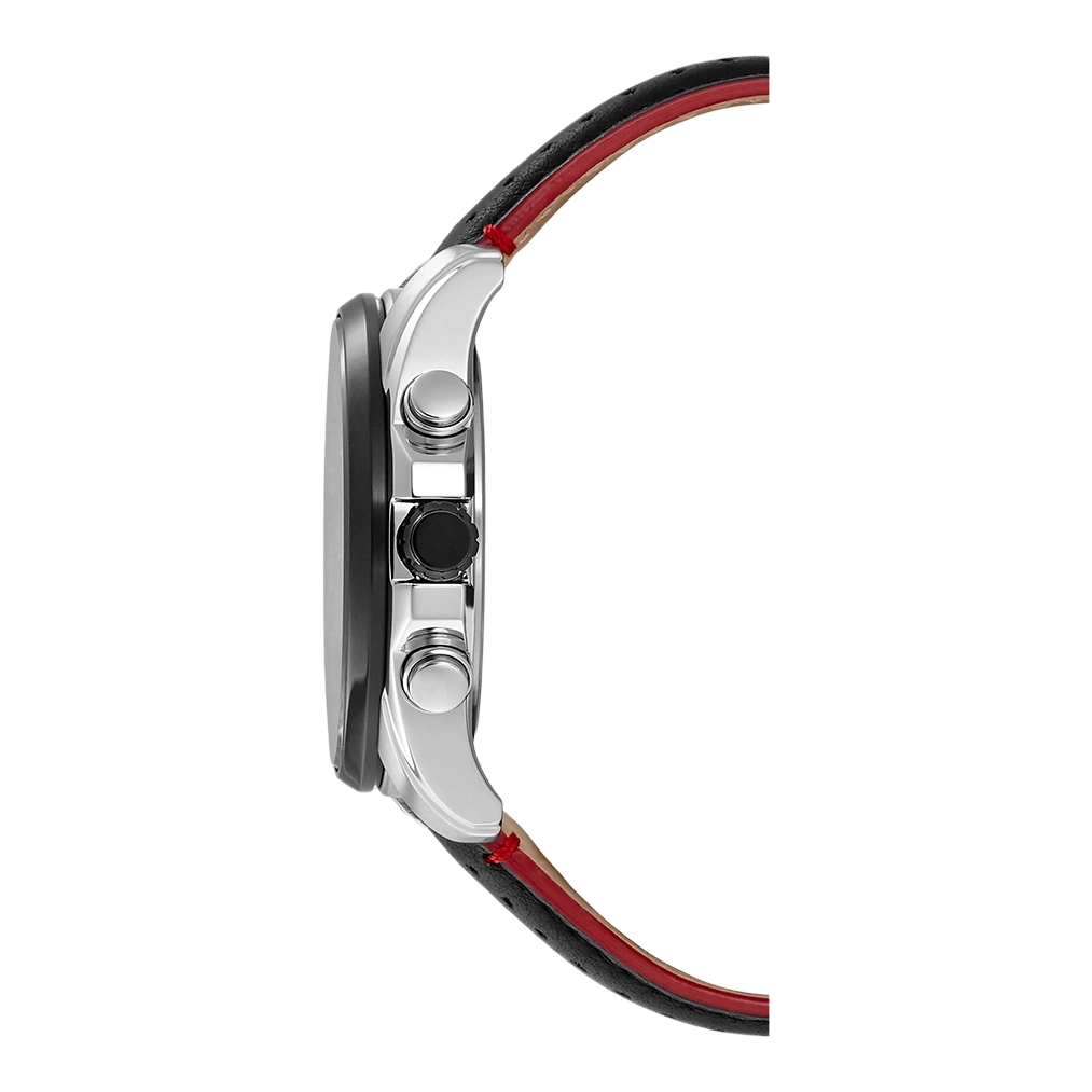 Side view of a silver watch with black and red strap