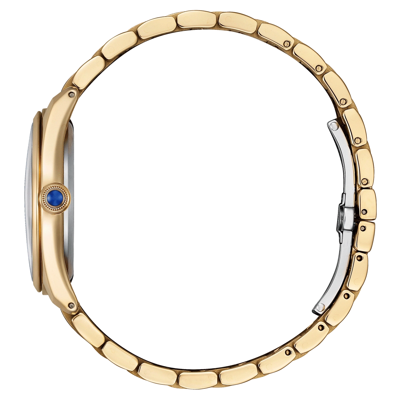 Gold watch with blue gem, side view, elegant design, luxury accessory