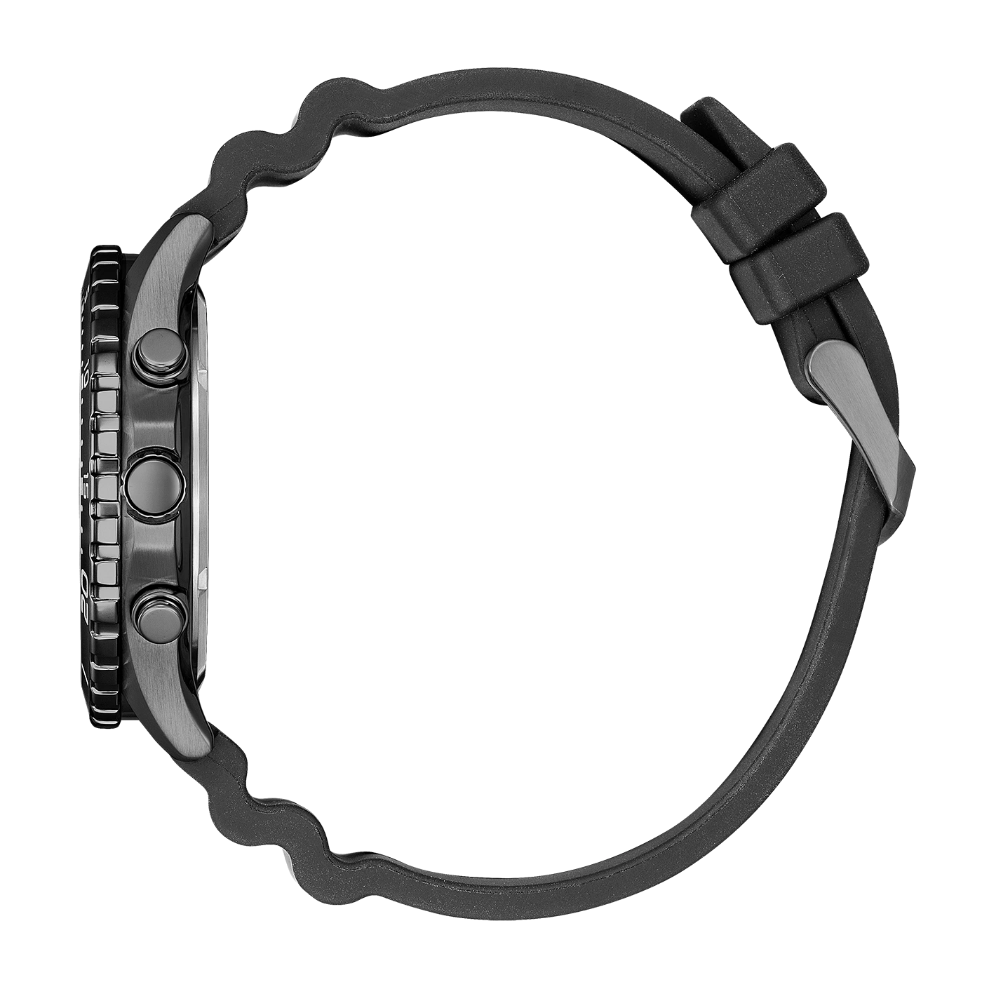 Black watch with a black strap, side view, isolated on white background.
