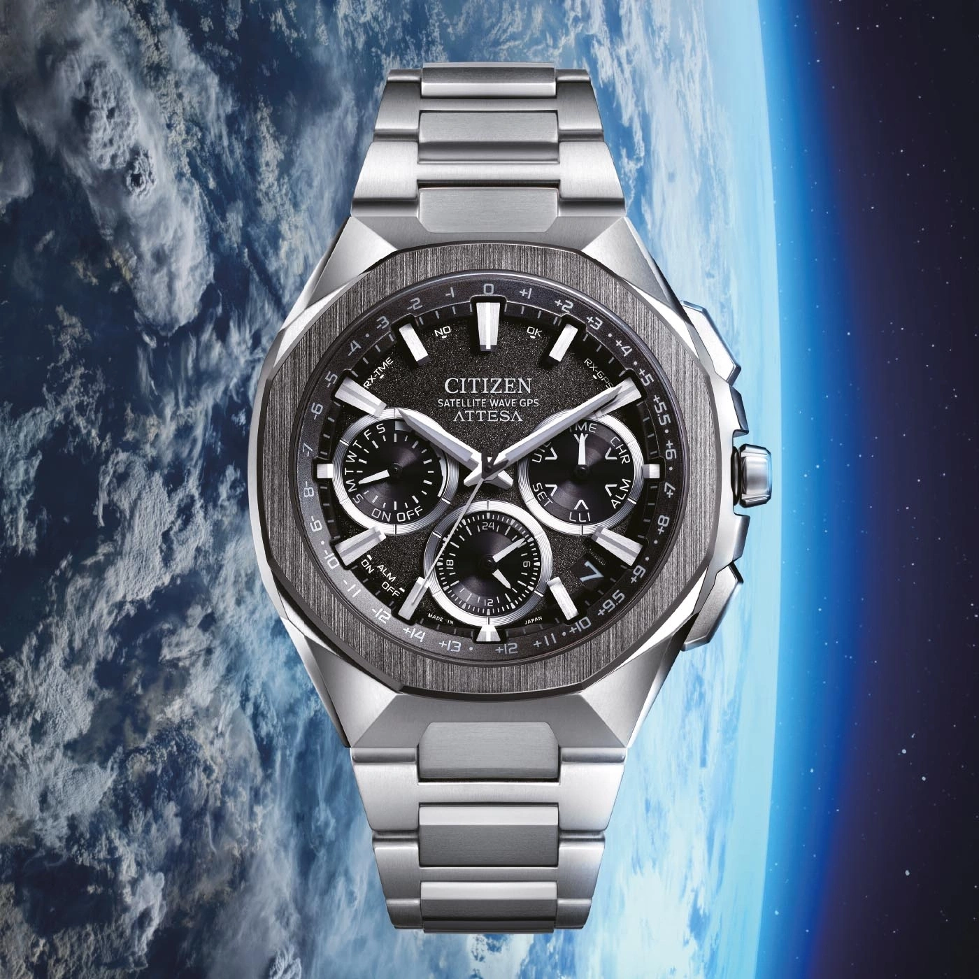 Citizen Attesa watch with satellite wave GPS, against a space background.