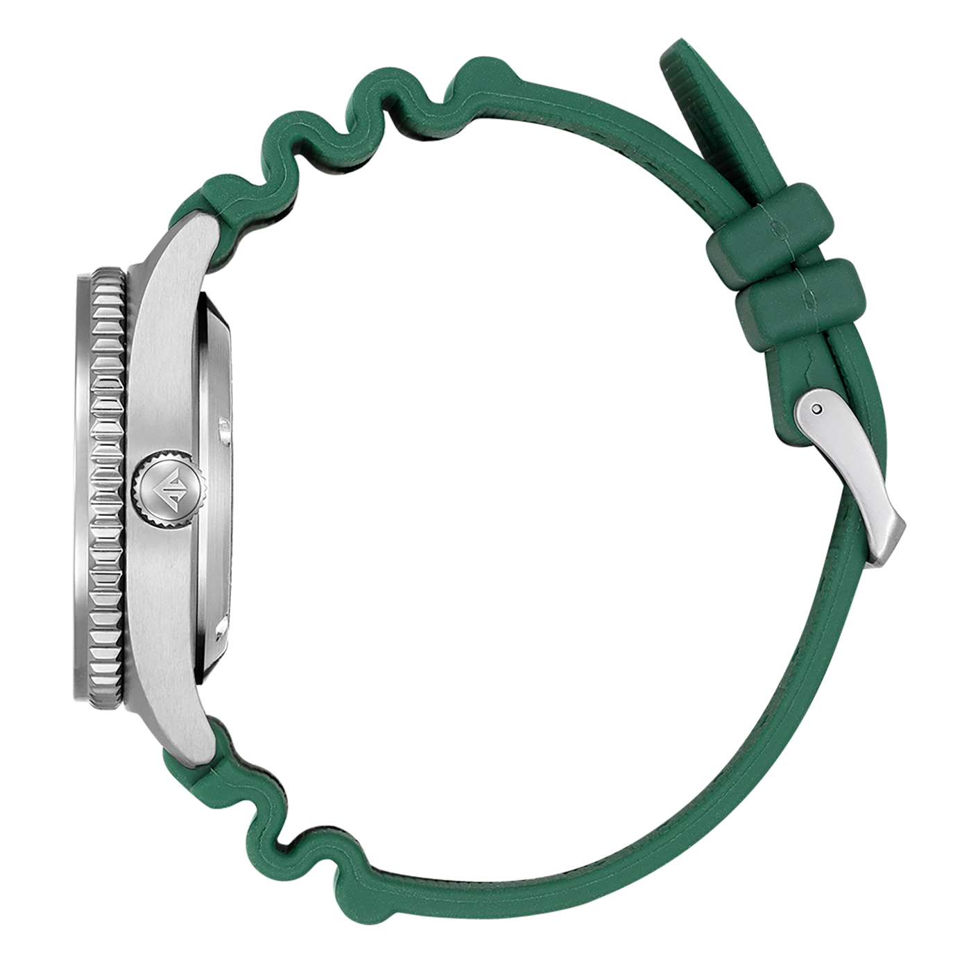 Green watch with a silver case and a unique green strap design.