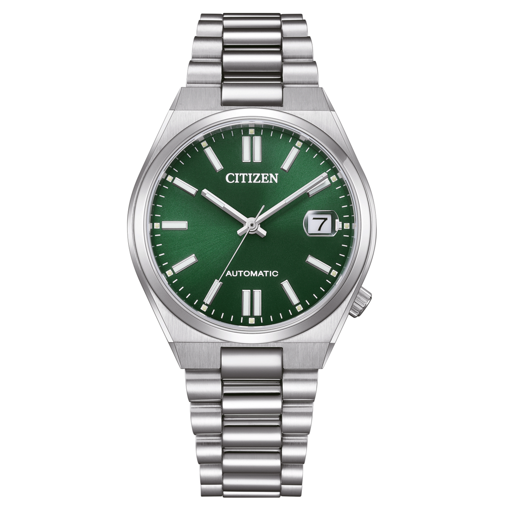 Citizen watch with green face and silver strap, automatic.