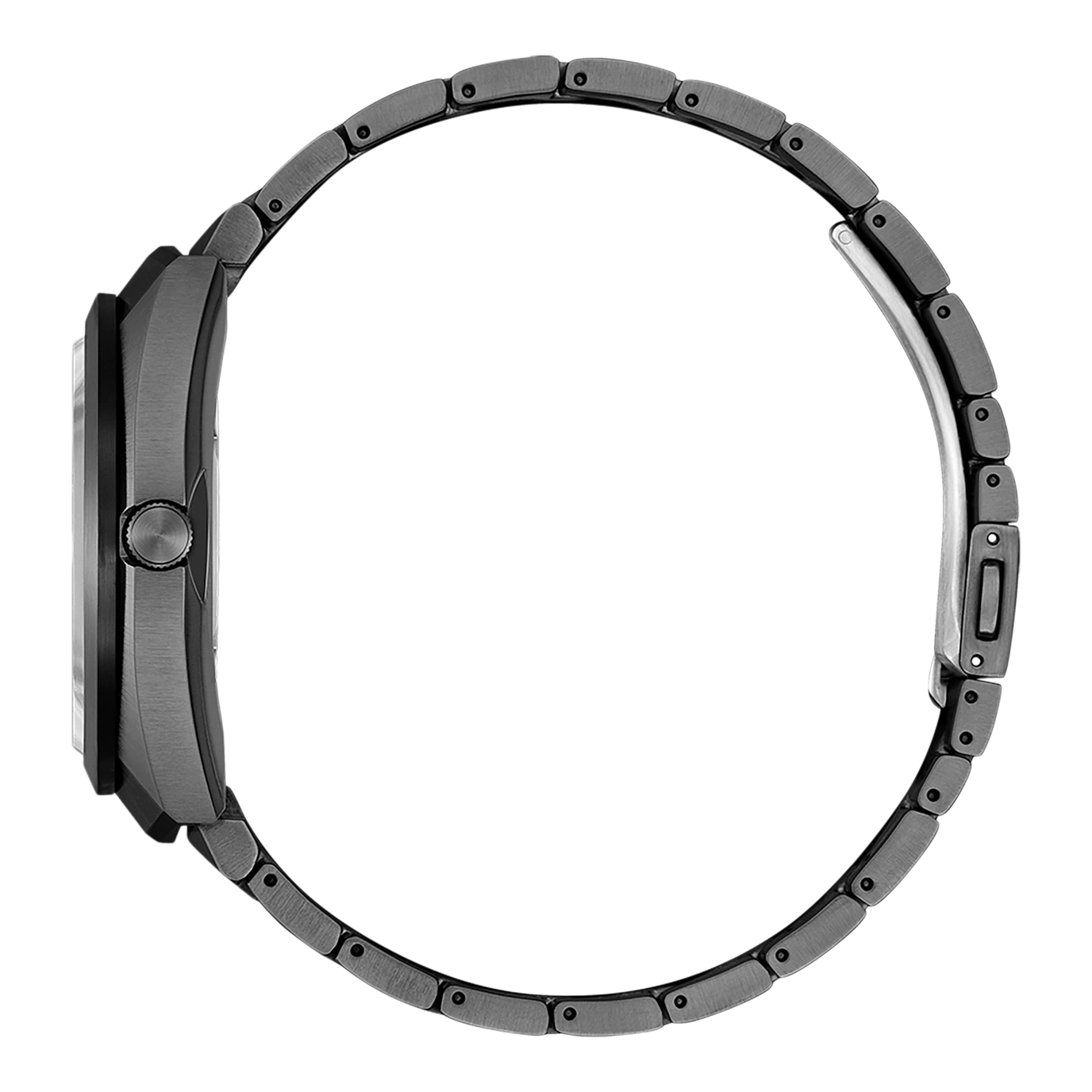 Side view of a dark gray watch with a metal band, modern design.