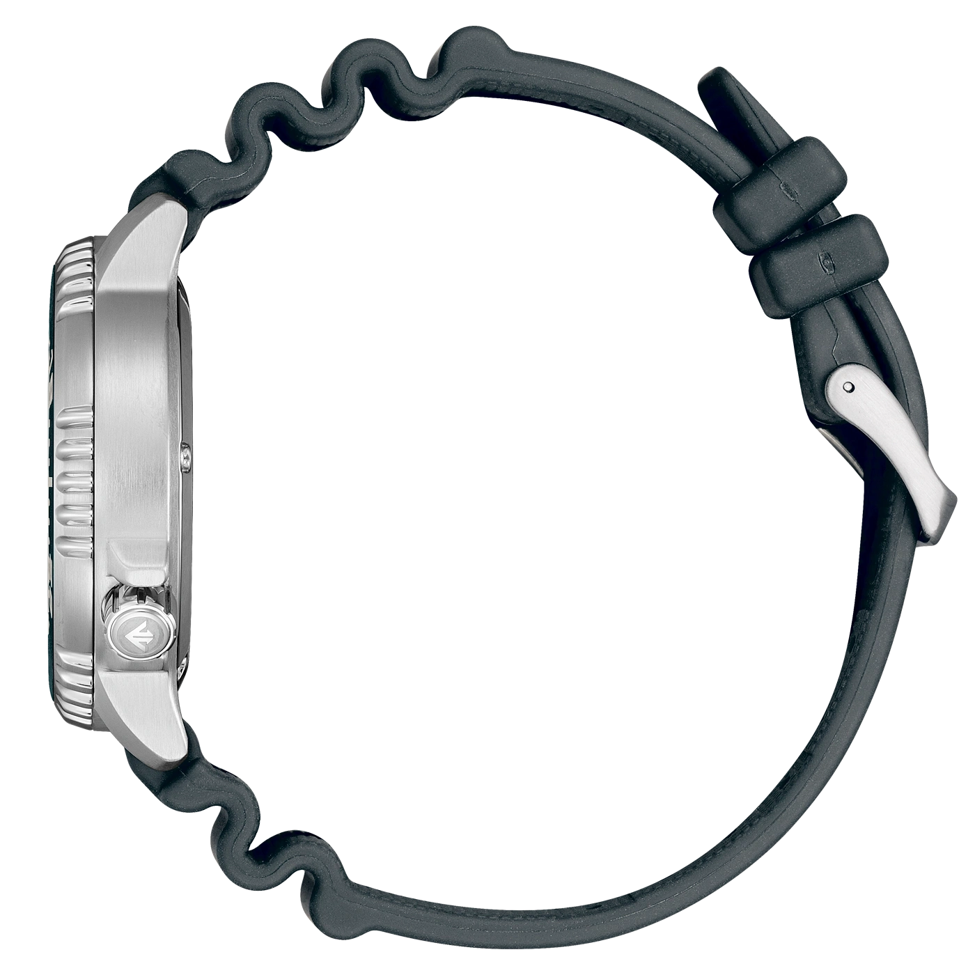 A side view of a silver watch with a black rubber strap.