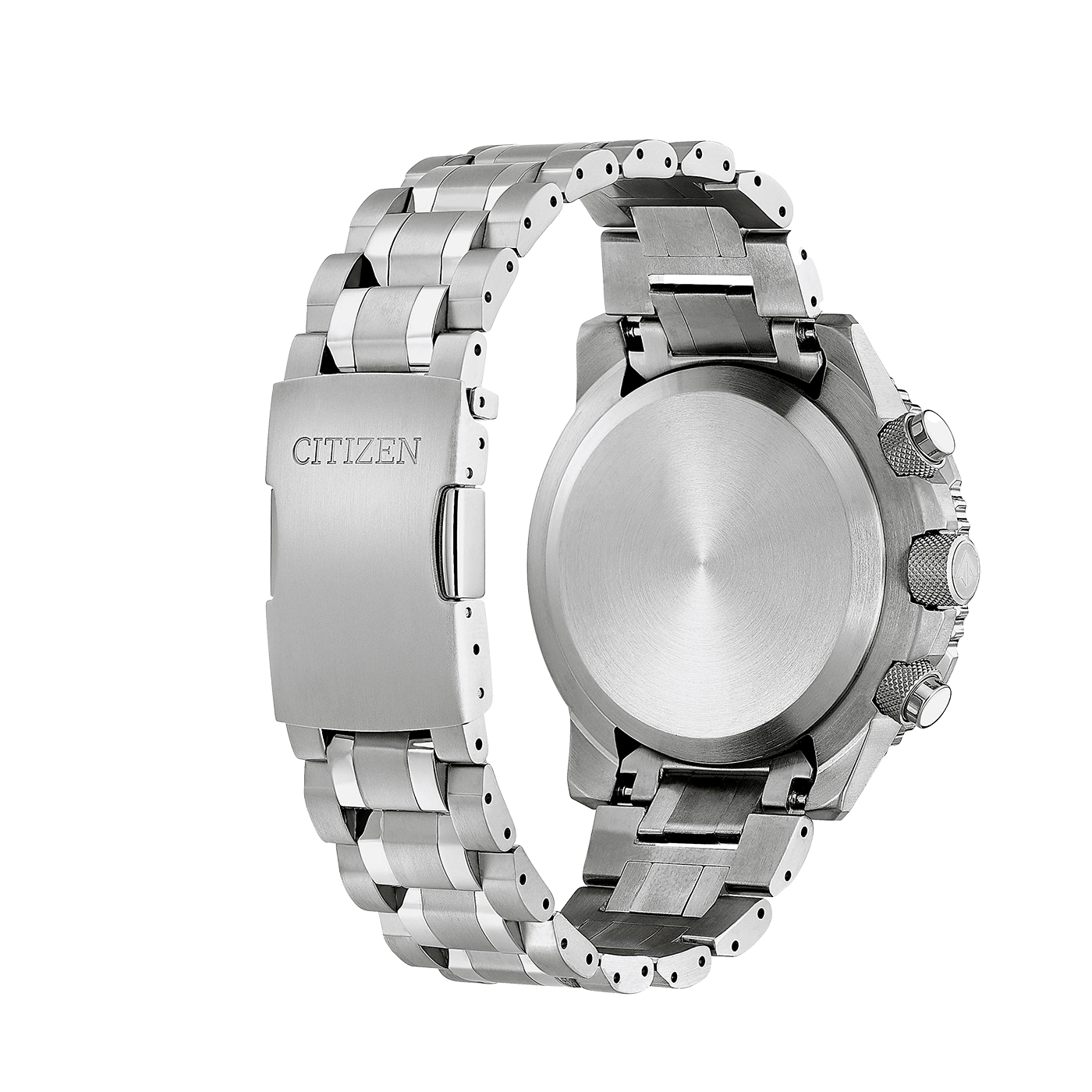 Citizen watch, stainless steel, back view, clasp, bracelet, silver, close-up