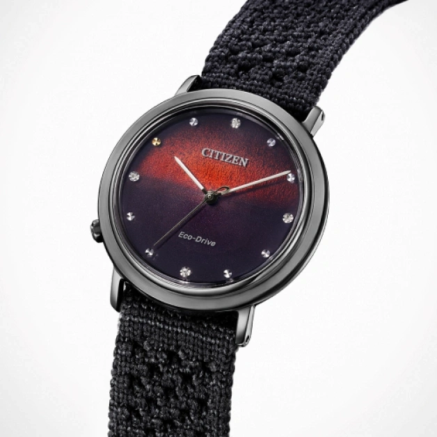 Citizen watch with a dark face and a textured strap.
