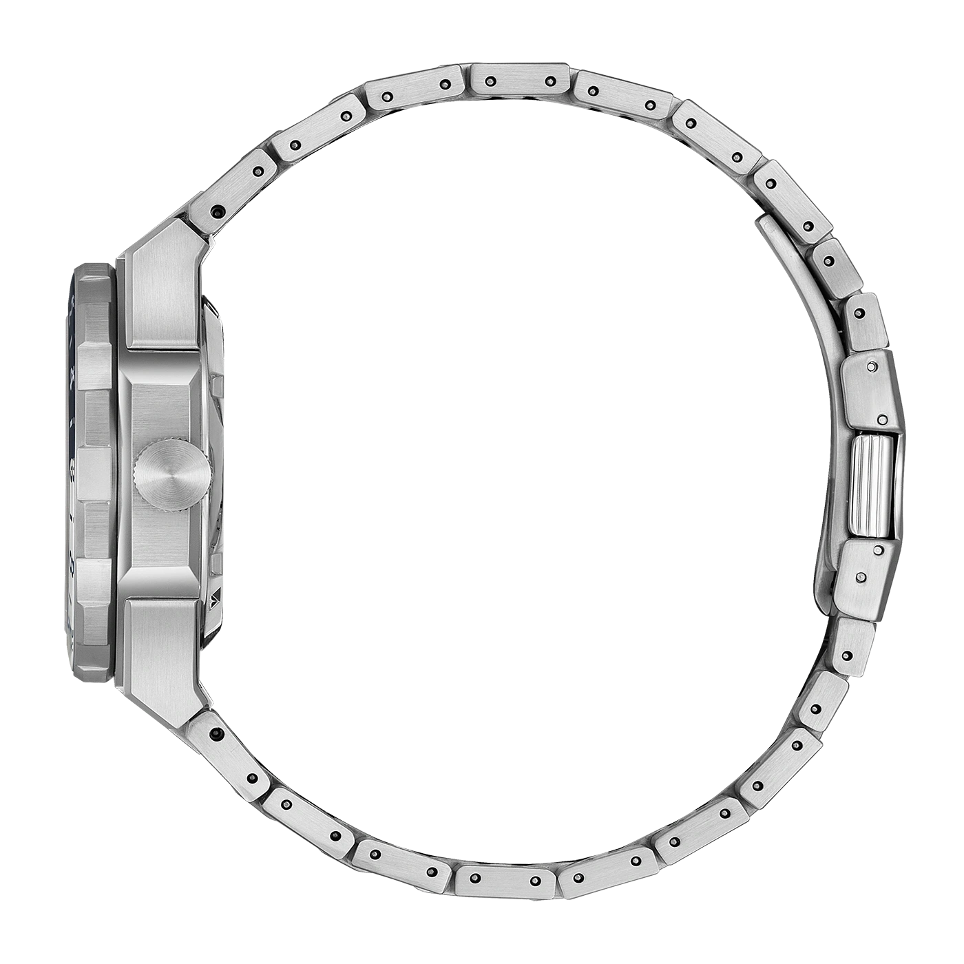 Silver watch with a metal strap, side view, modern design, elegant accessory