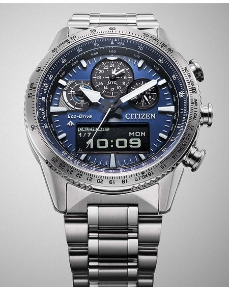 Citizen watch with blue face, digital display, and stainless steel band.
