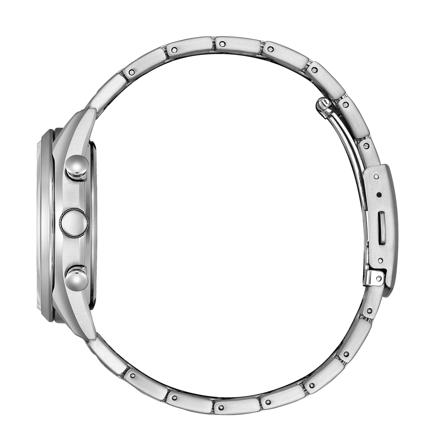 Silver watch side view, stainless steel band, buttons, elegant design, modern style