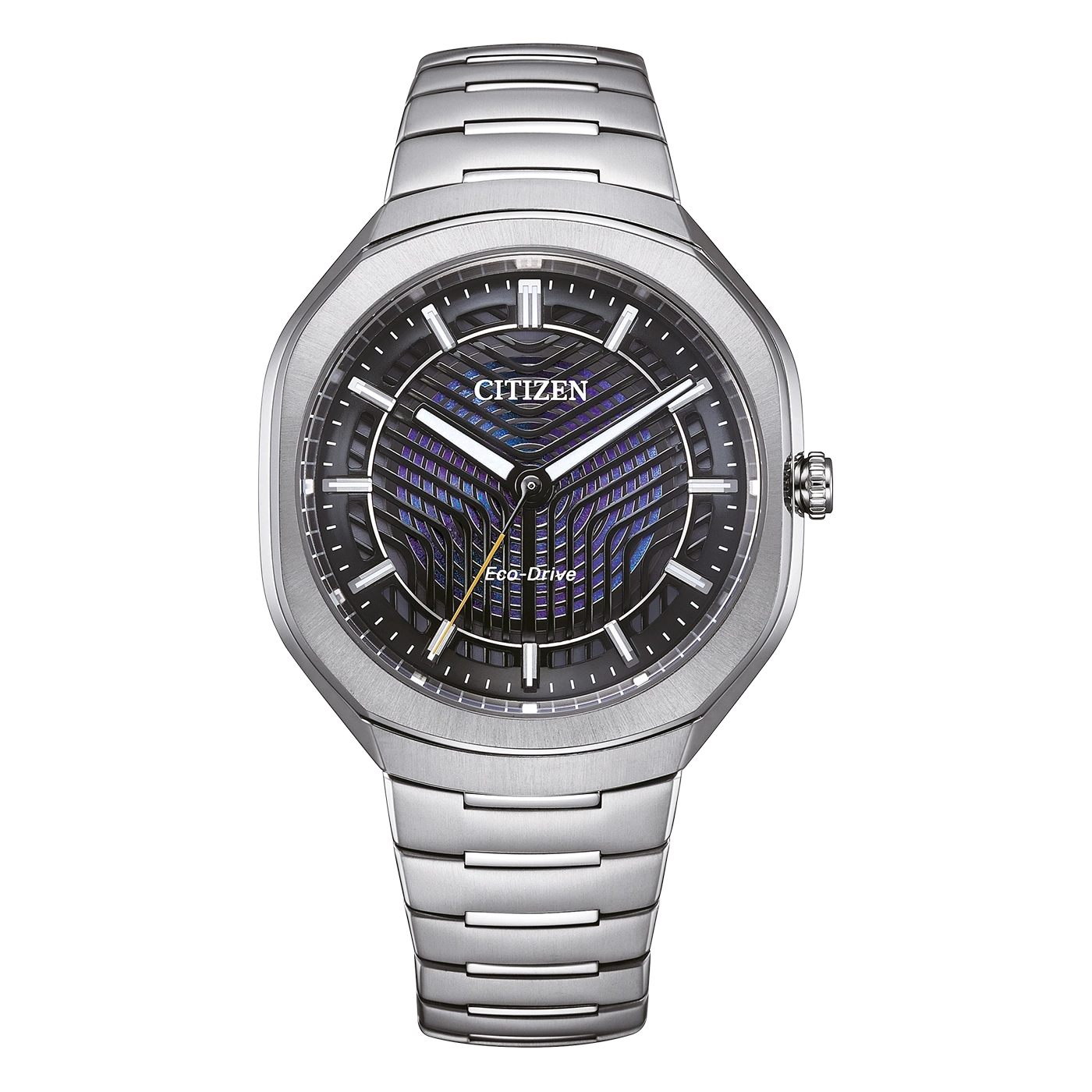 A modern silver Citizen Eco-Drive watch with a black and purple patterned dial.