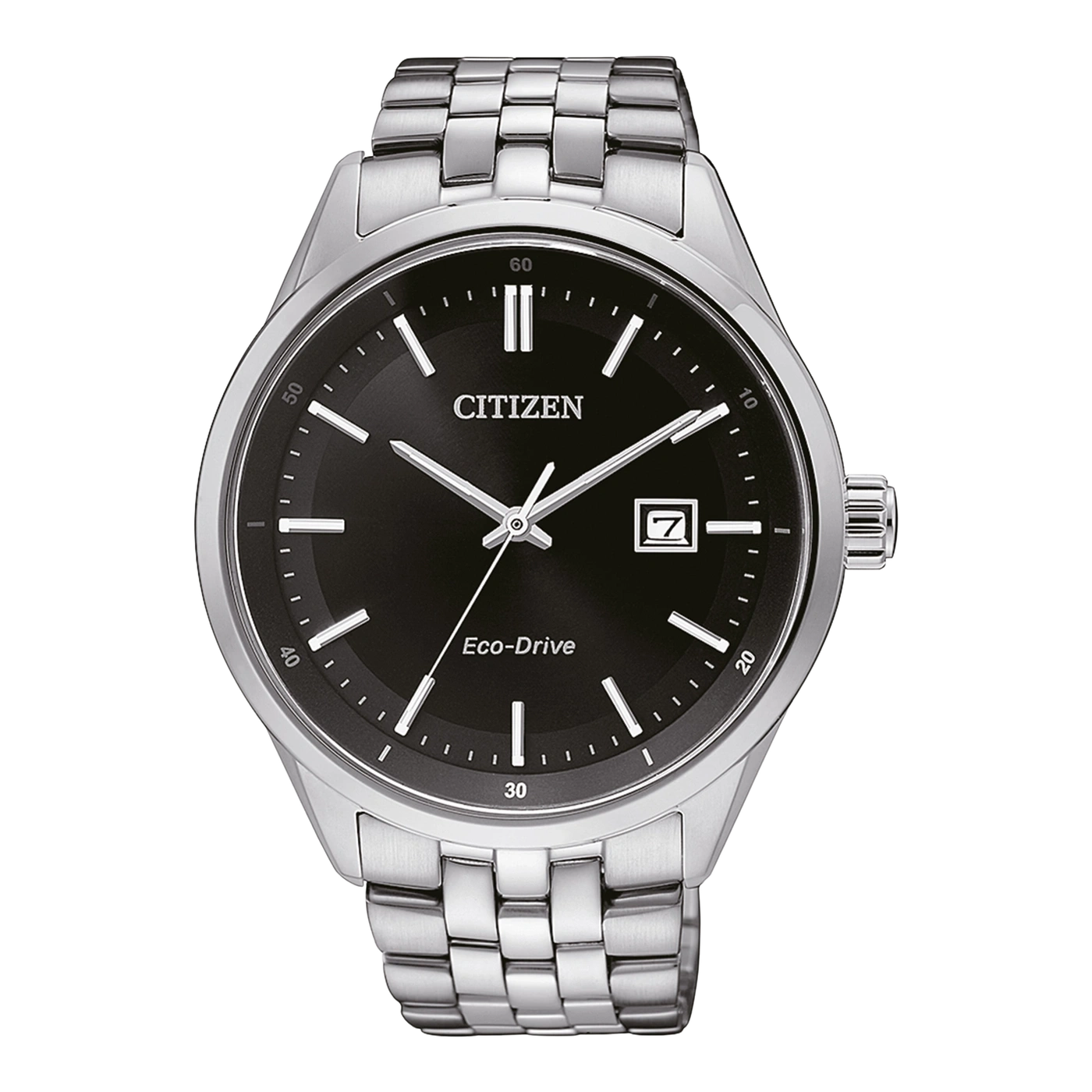 Citizen watch with black dial and silver strap, Eco-Drive technology.