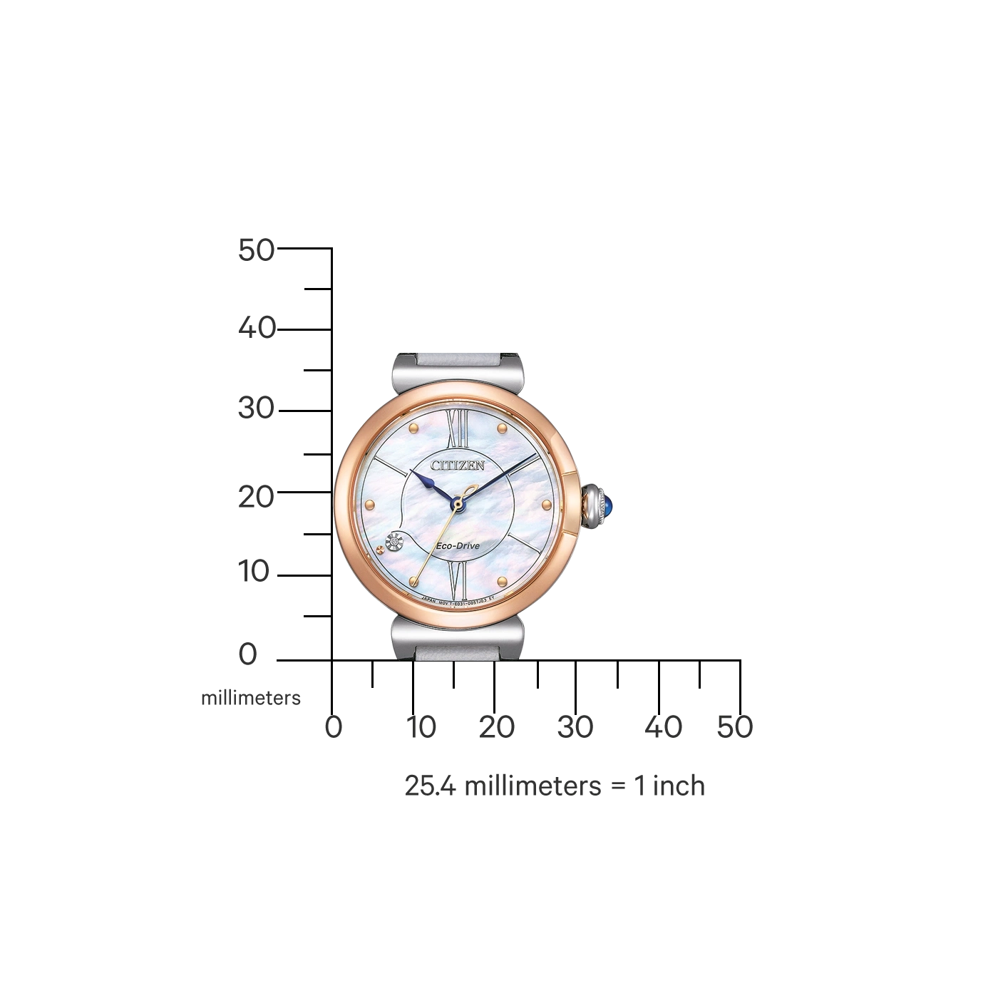 Citizen watch with a white face and rose gold accents, Eco-Drive technology.