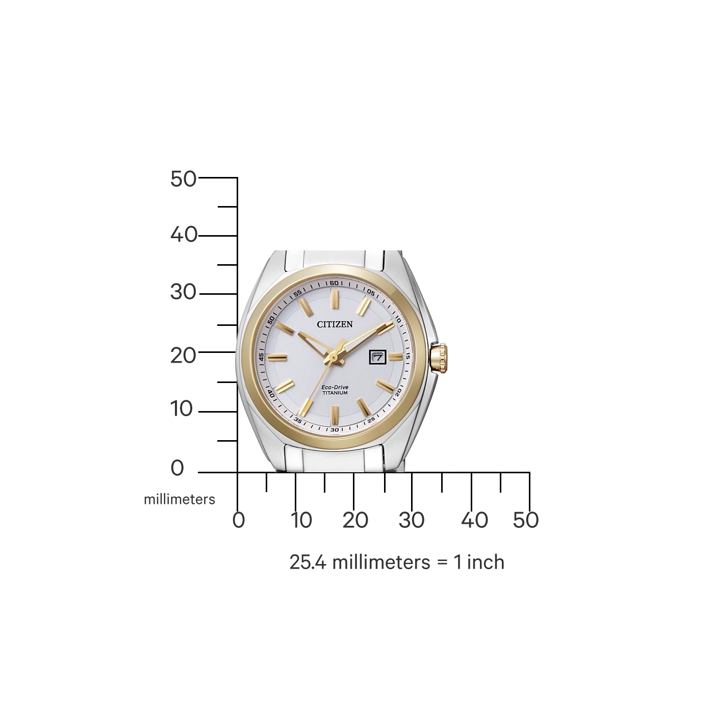 Citizen watch with gold accents, white face, and titanium Eco-Drive.