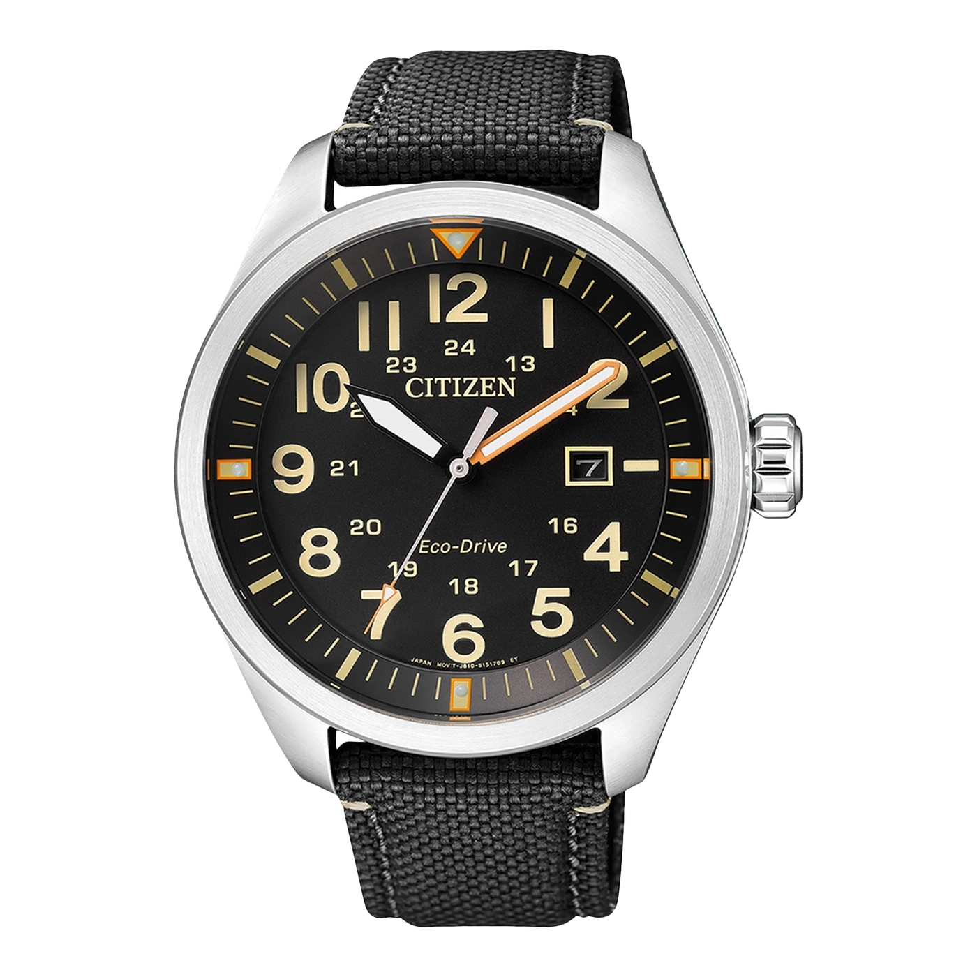 Citizen watch with black face, numbers, and a black strap.