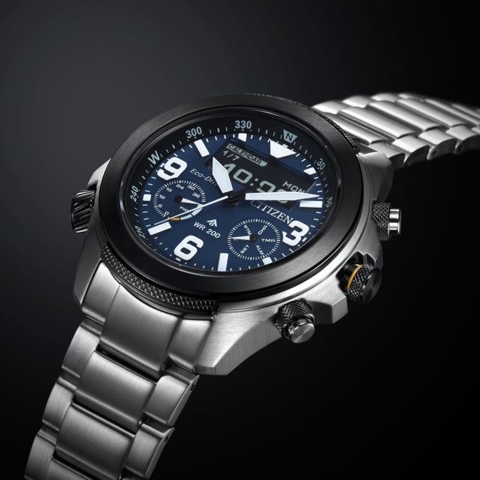 Citizen watch with blue face, stainless steel band, and black bezel. Time display.
