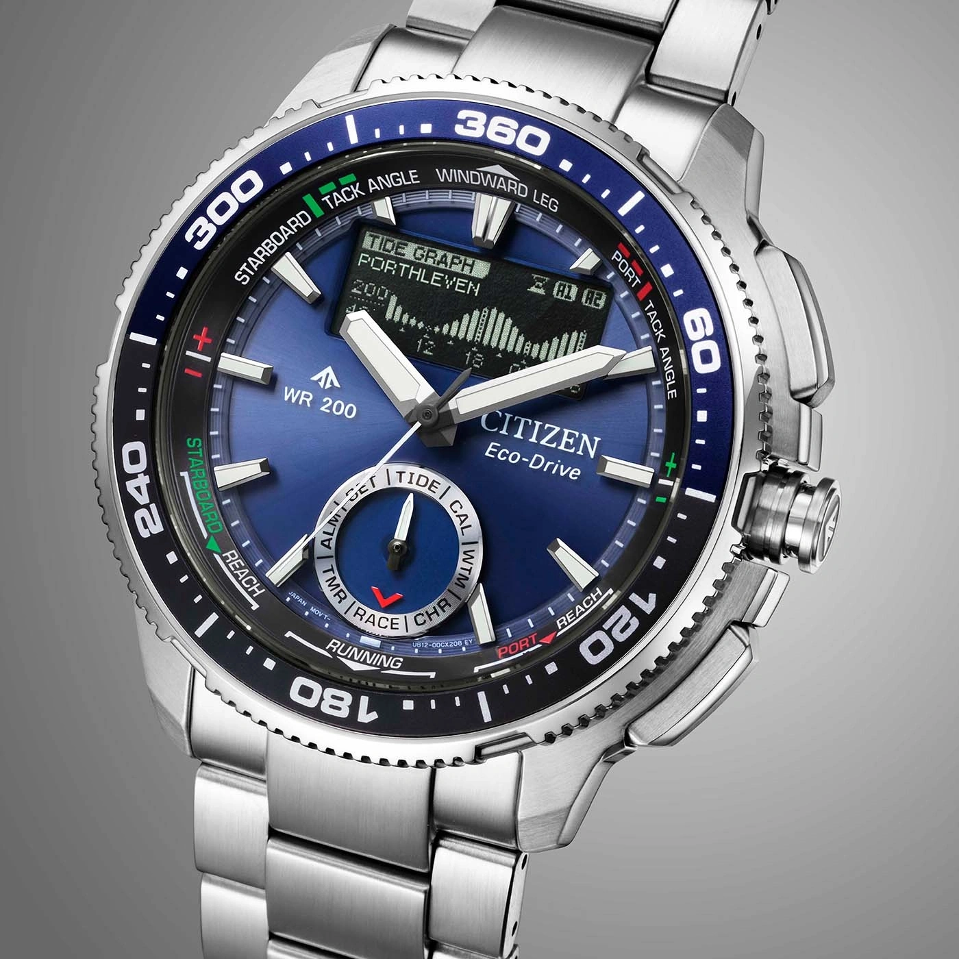 A blue Citizen Eco-Drive watch with a stainless steel band displaying tide graph.