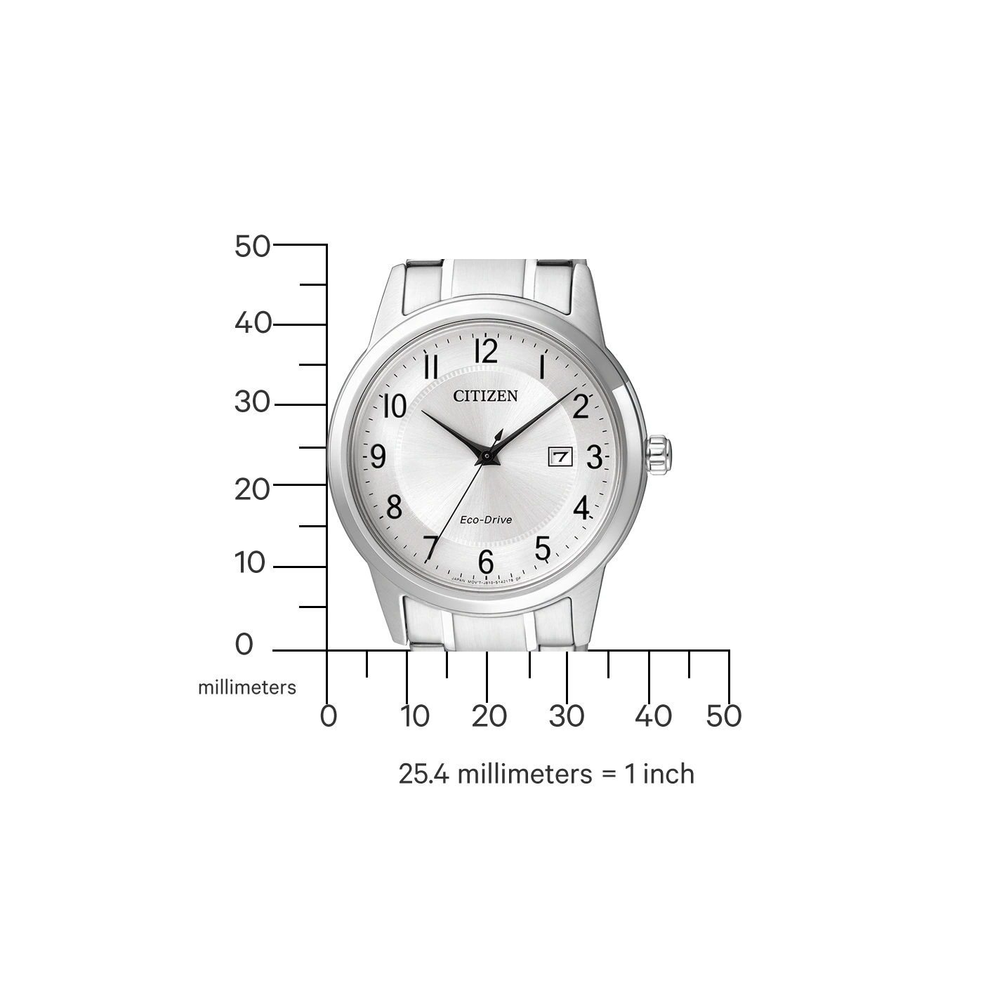 Citizen watch with silver dial and date display, Eco-Drive technology.