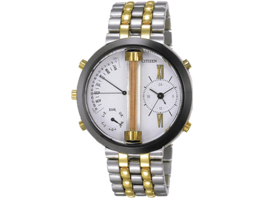 Citizen watch with silver and gold band, white face, and multiple dials.