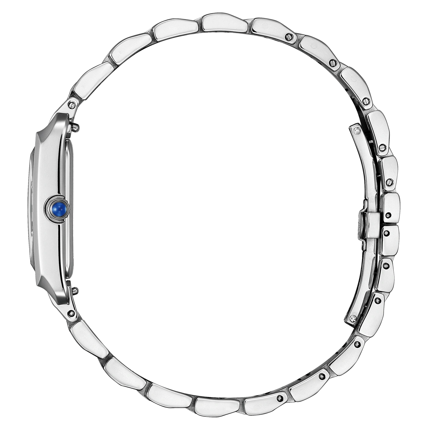 Silver watch with a blue gem on the side, elegant design, side view