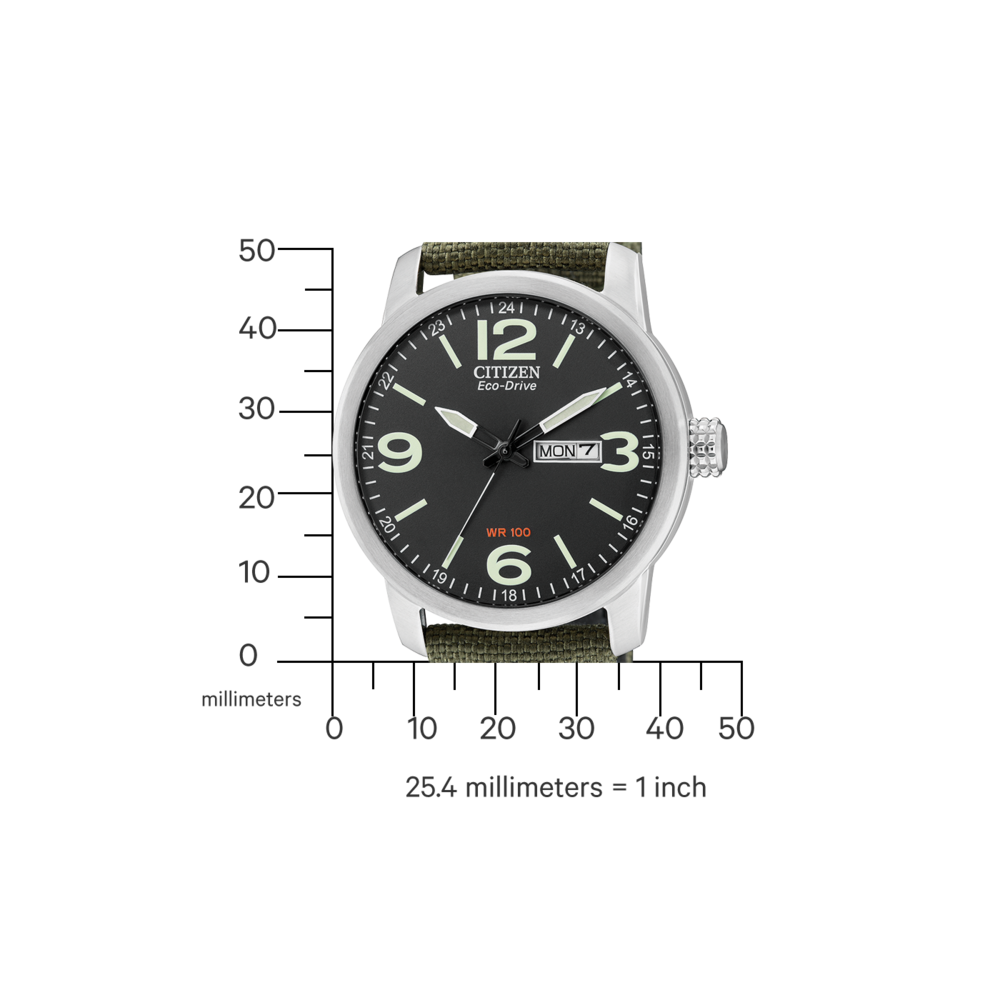 Citizen Eco-Drive watch with black face, green strap, and date display.