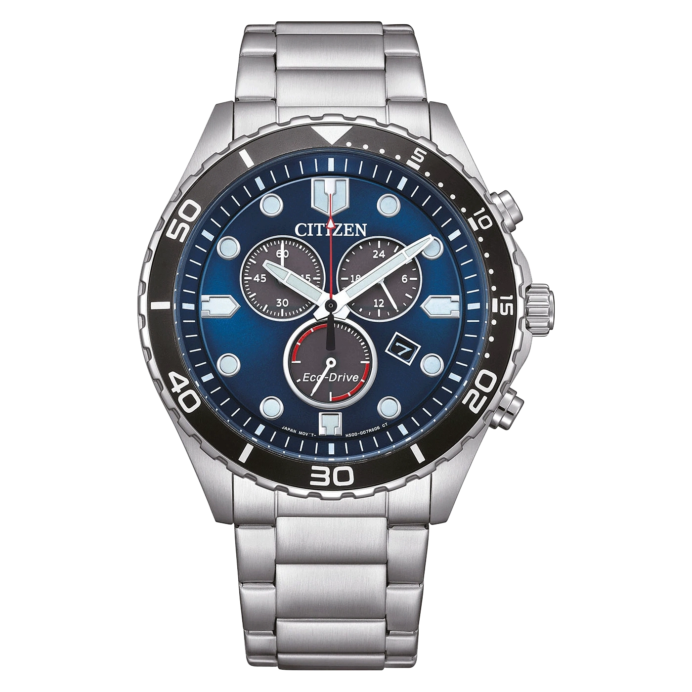 Citizen watch with blue dial, black bezel, and silver bracelet. Eco-Drive technology.