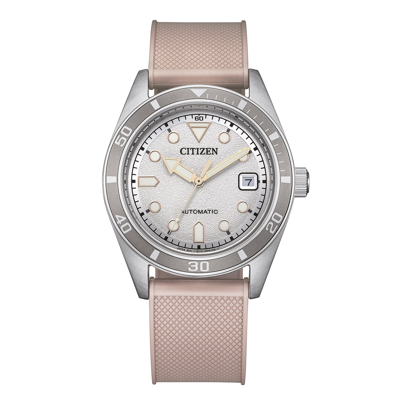 A Citizen automatic watch with a silver dial and pink strap.