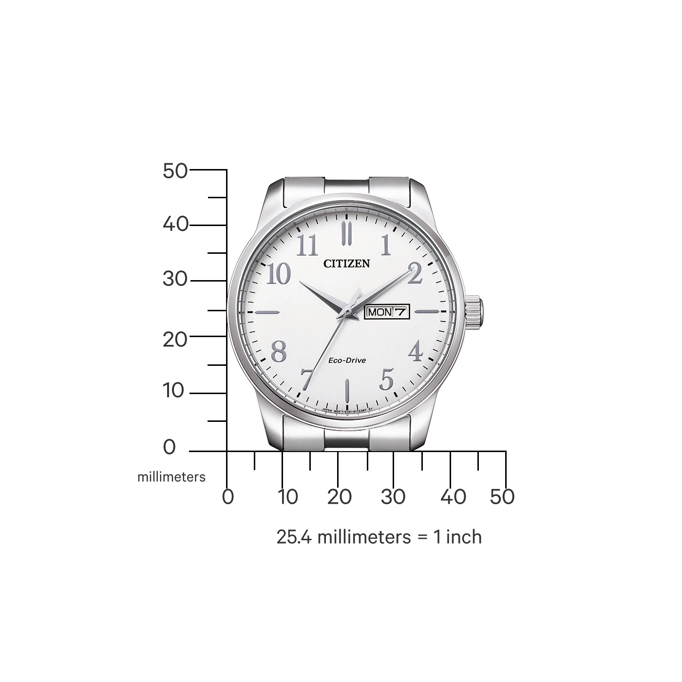 Citizen watch with white face, silver band, and day display.