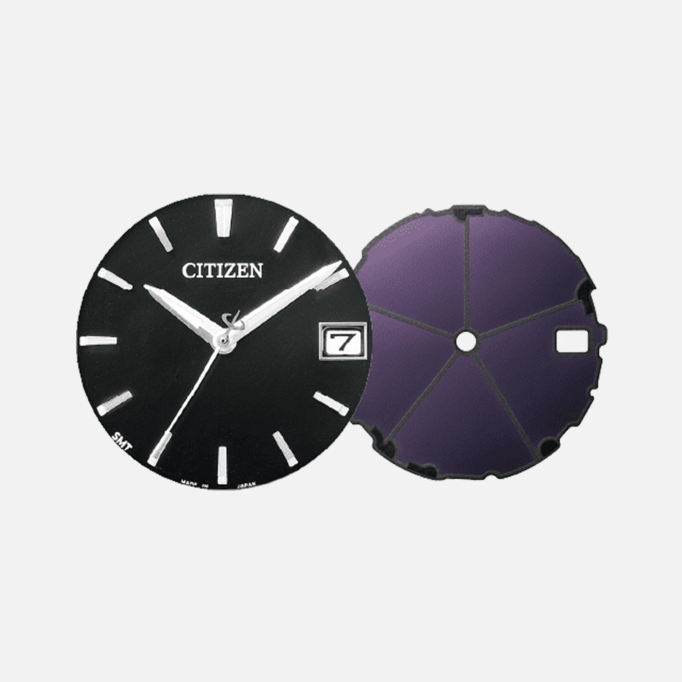 Citizen watch face with black dial and date display, isolated.