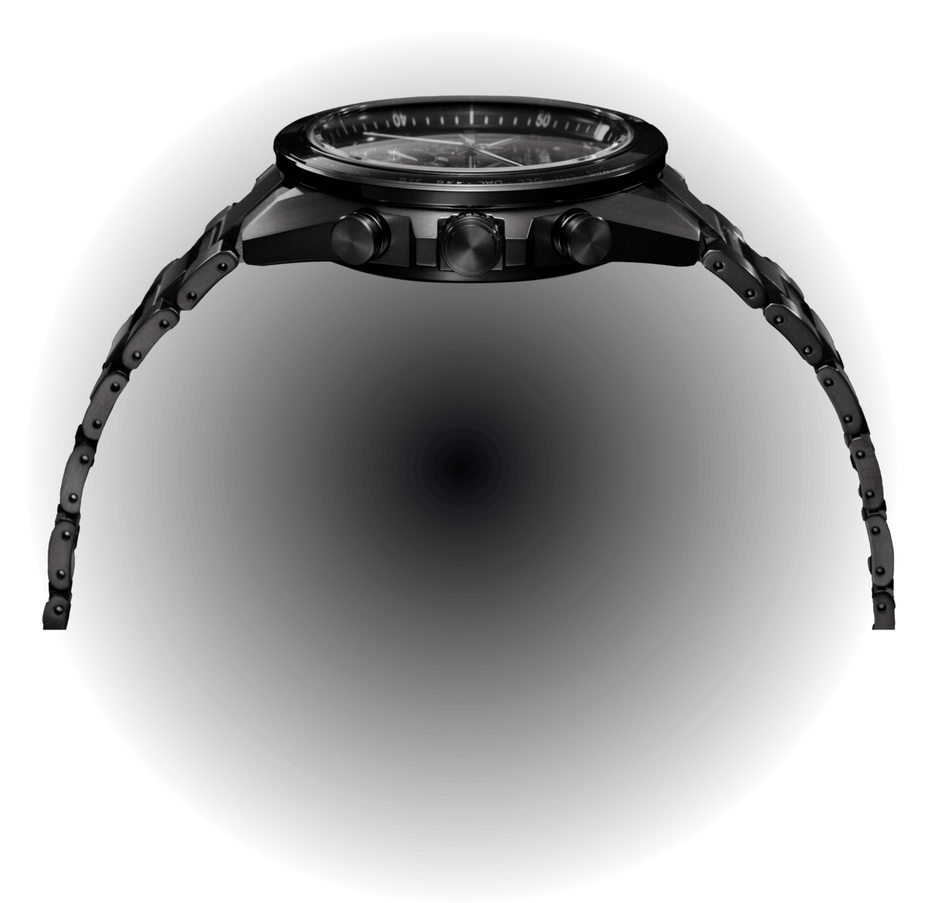 Black watch with a metal band, side view, on a black background.
