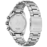 Back of a brushed silver Citizen Eco-Drive watch with text.