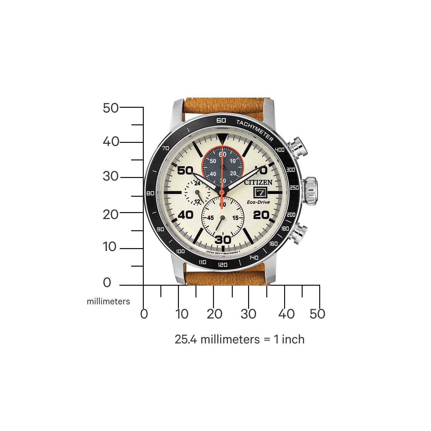 Citizen watch with tachymeter, Eco-Drive, and leather strap, showing time and measurements.