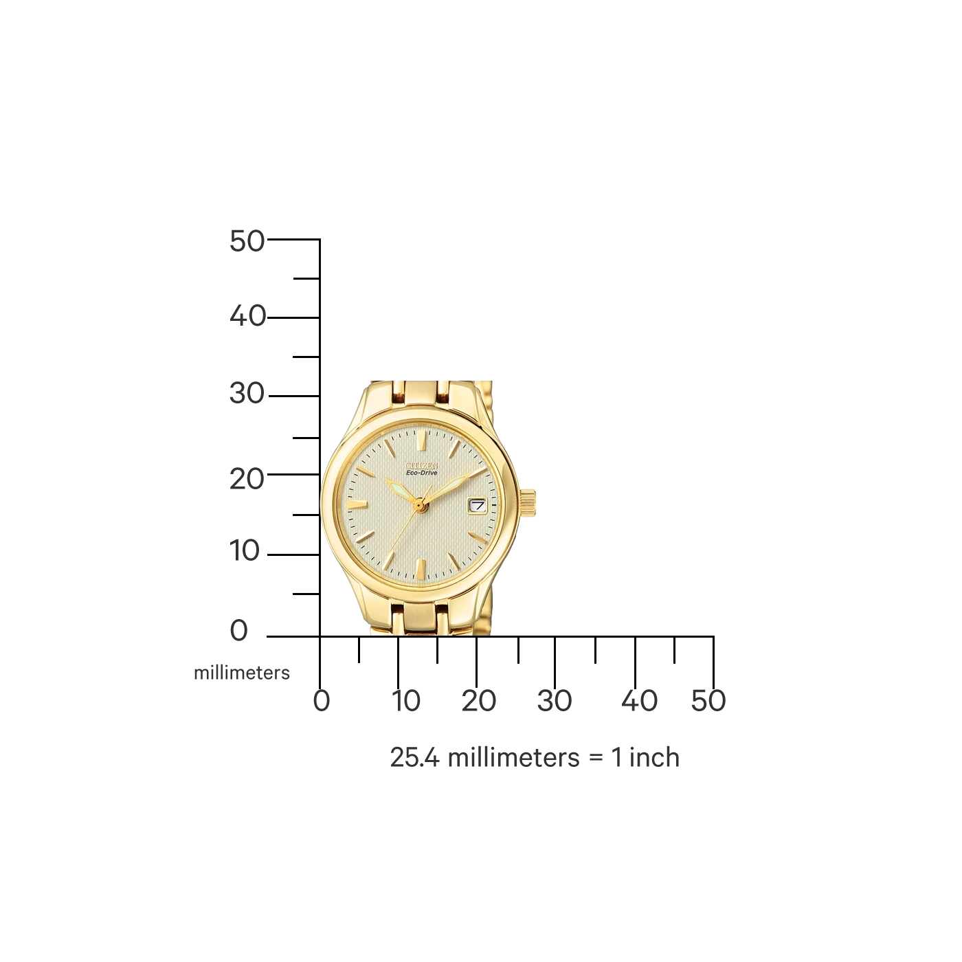 Gold Citizen Eco-Drive watch with a measurement scale in millimeters.