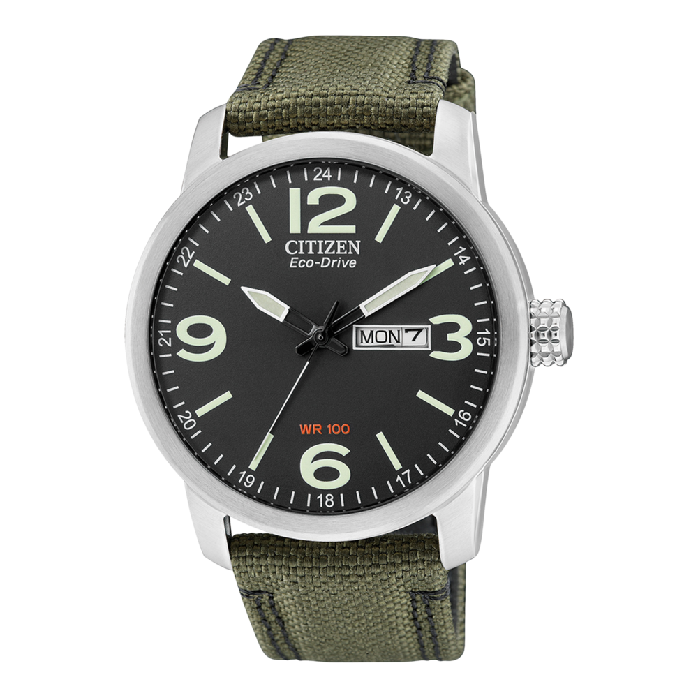 Citizen Eco-Drive watch with a black dial, green strap, and day-date display.
