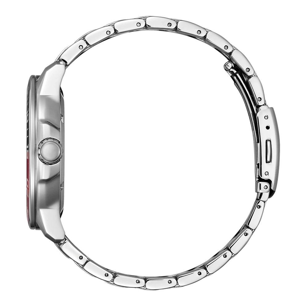 Side view of a silver wristwatch with a metal band.